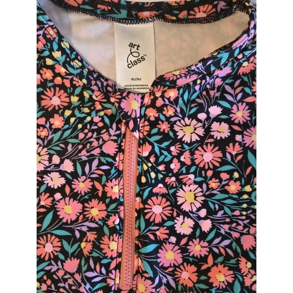 Girl's XL 14 Swim Top Rashguard Crop Floral Ditsy Zipper Long Sleeve Black Pink